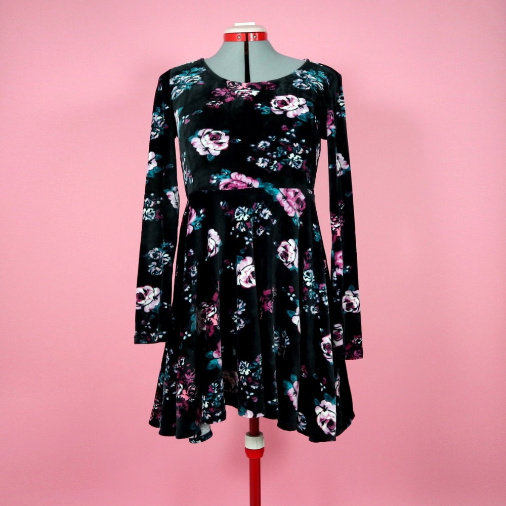 Black Floral Long Sleeve Skater Dress